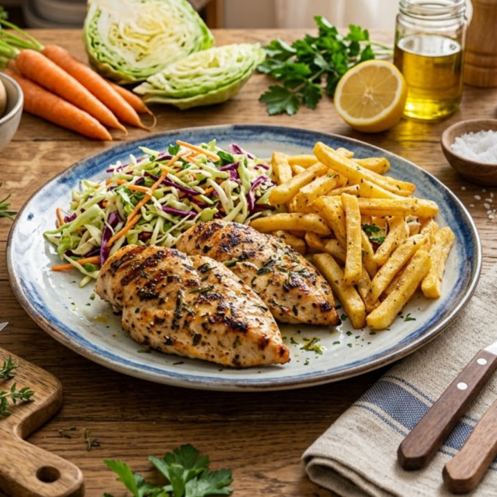 Курица на гриле с овощами и картофелем фри